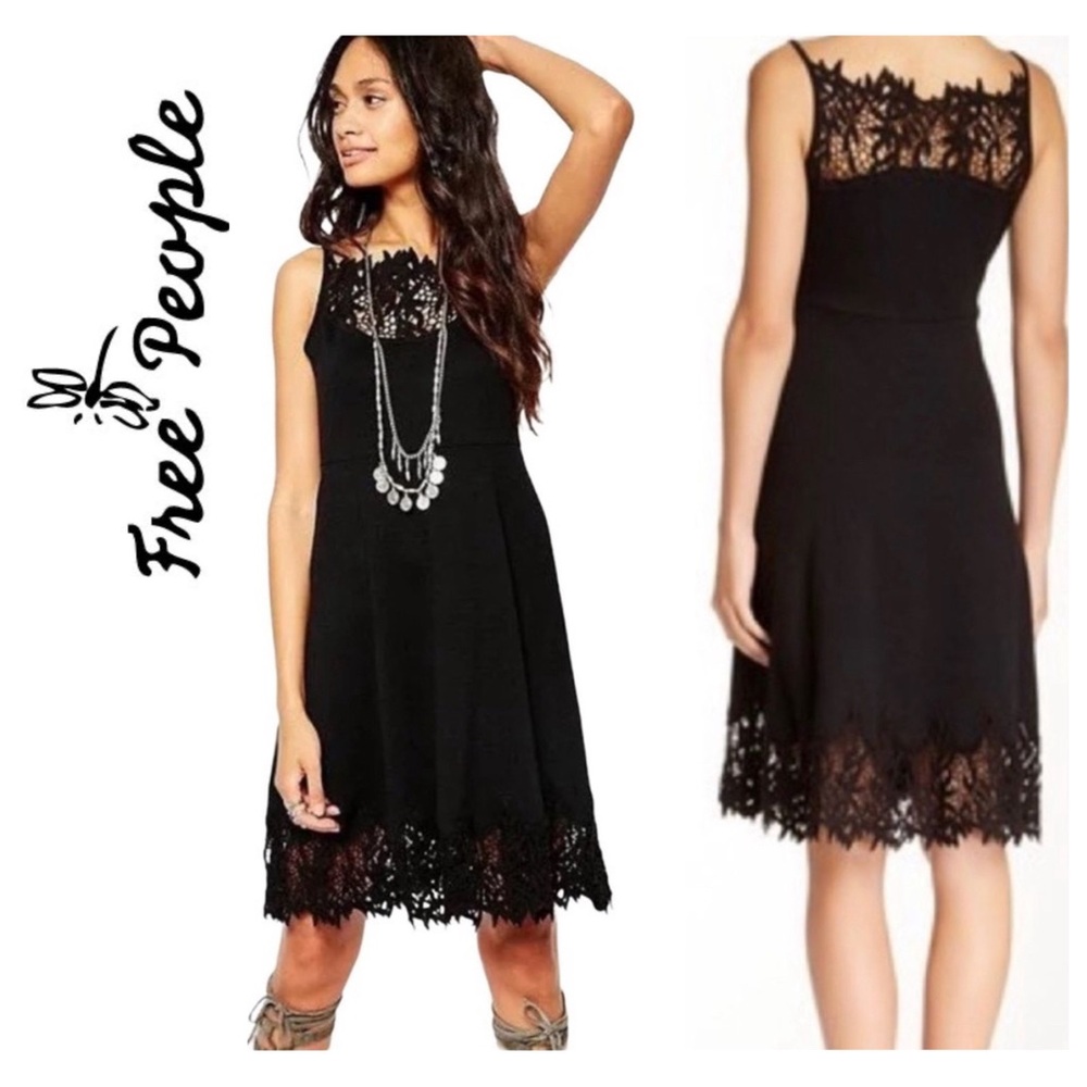 Free People Forget Me Not Black Crochet Trim Dress S